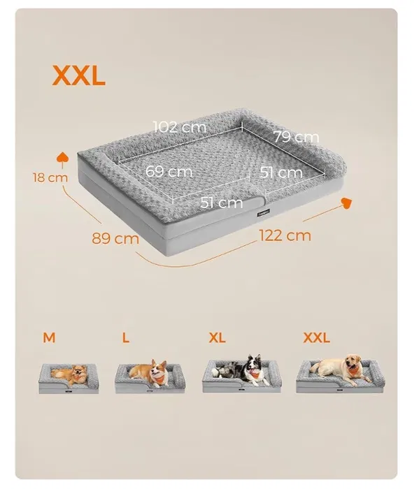 Wielkie ortopedyczne legowisko sofa dla psa XXL Feandrea z pluszem PV i aksamitnymi bokami