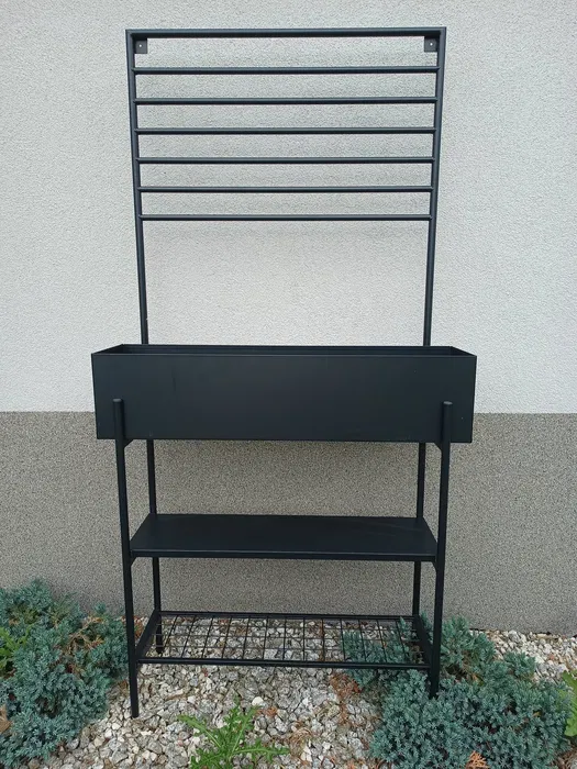 Nowoczesny antracytowy metalowy kwietnik stojak z donicą i wieszakiem Belavi 142x73 cm