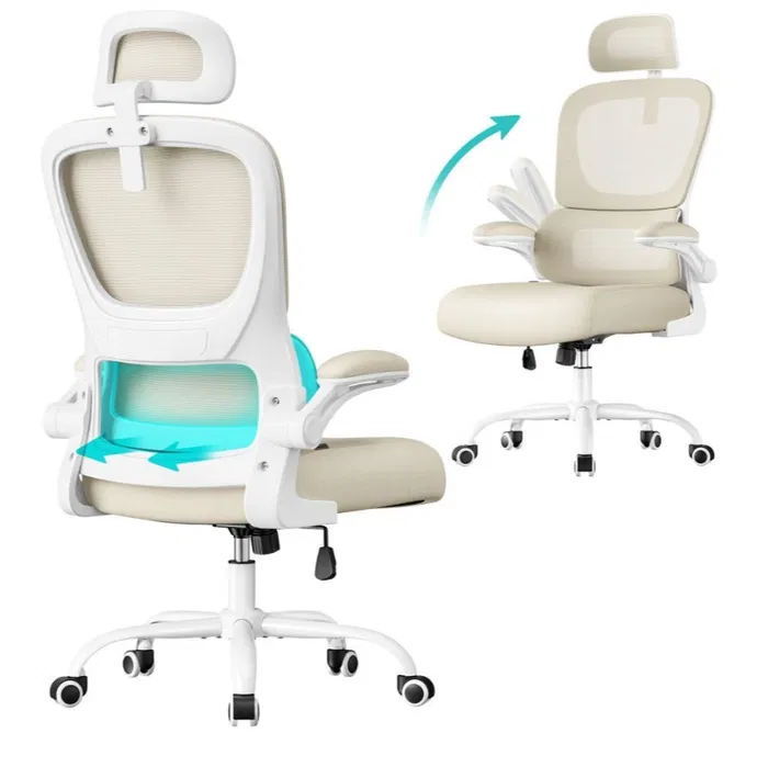 Ergonomiczny piaskowo-beżowy fotel biurowy SONGMICS z białym oparciem i zagłówkiem