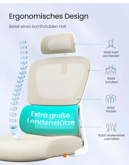 Ergonomiczny piaskowo-beżowy fotel biurowy SONGMICS z białym oparciem i zagłówkiem