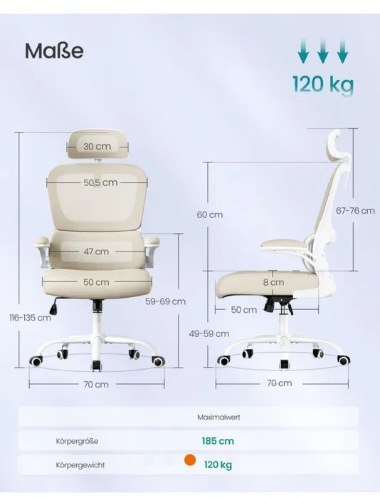 Ergonomiczny piaskowo-beżowy fotel biurowy SONGMICS z białym oparciem i zagłówkiem