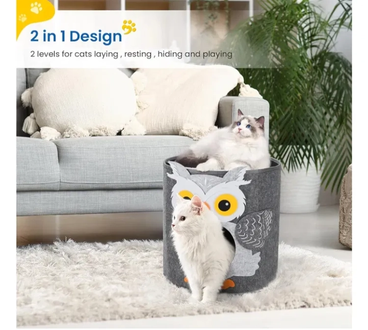 Szary dwupoziomowy filcowy domek dla kota Dripex Cat Cave z motywem sowy i kotami