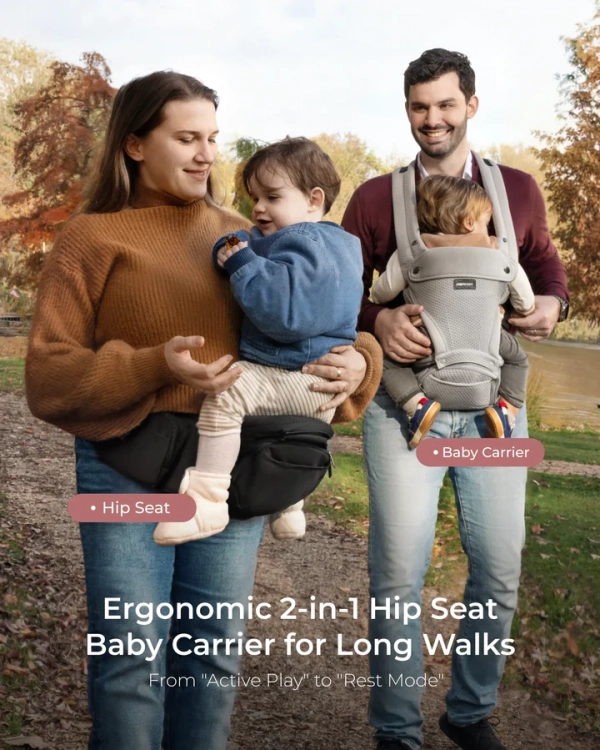Czarne ergonomiczne nosidełko biodrowe 2w1 Momcozy z dzieckiem przodem do świata