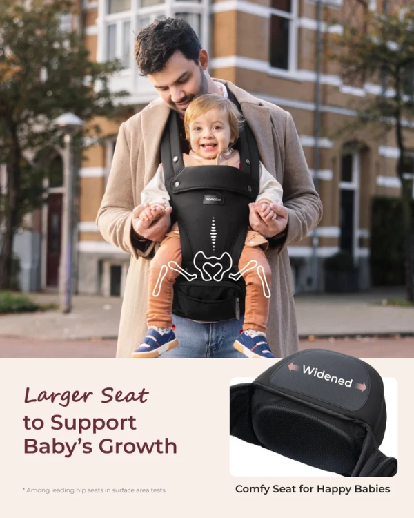Czarne ergonomiczne nosidełko biodrowe 2w1 Momcozy z dzieckiem przodem do świata