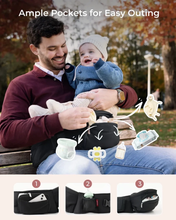 Czarne ergonomiczne nosidełko biodrowe 2w1 Momcozy z dzieckiem przodem do świata