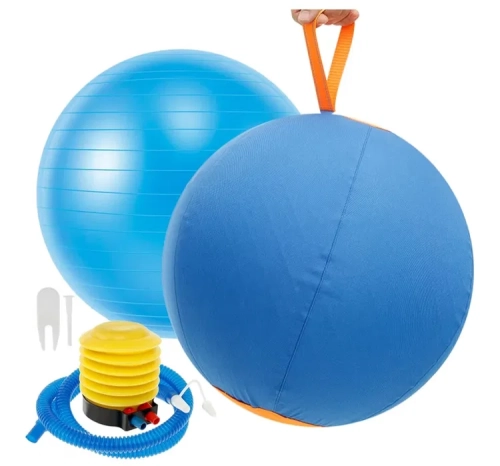Niebieska piłka dla psa Herding Ball 65 cm w osłonie z żółtą pompką nożną