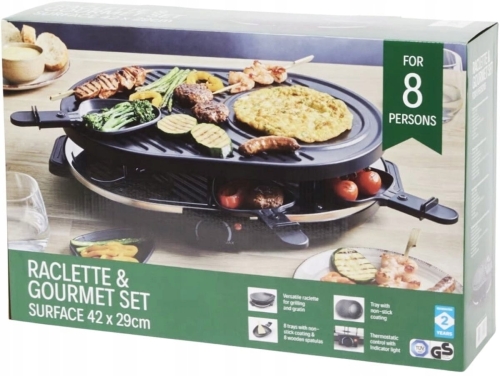 Zielono-biały oryginalny karton z grillem elektrycznym Raclette Gourmet Set 42x29 cm
