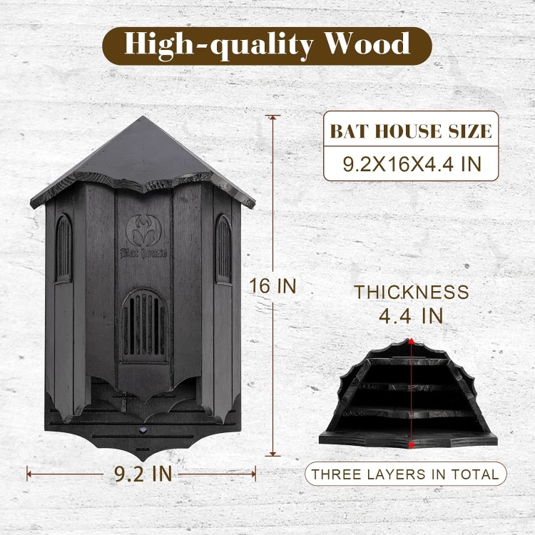 Duży czarny drewniany trzykomorowy domek dla nietoperzy VIREESR Bat House I