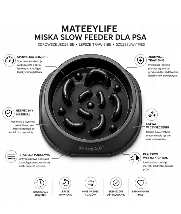 Czarna okrągła miska spowalniająca jedzenie dla psa MateeyLife Slow Feeder gem-ewa-mariusz.pl