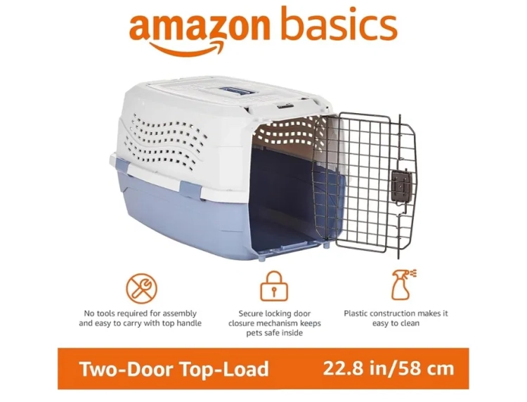Niebiesko biały plastikowy transporter dwudrzwiowy dla kota i psa Amazon Basics z górną klapą i stalową kratą gem-ewa-mariusz.pl