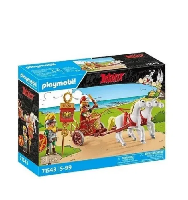 Zestaw klocków Playmobil Asterix 71013 przedstawiający rzymski rydwan z dwoma końmi i figurkami żołnierzy