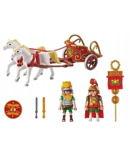 Zestaw klocków Playmobil Asterix 71013 przedstawiający rzymski rydwan z dwoma końmi i figurkami żołnierzy
