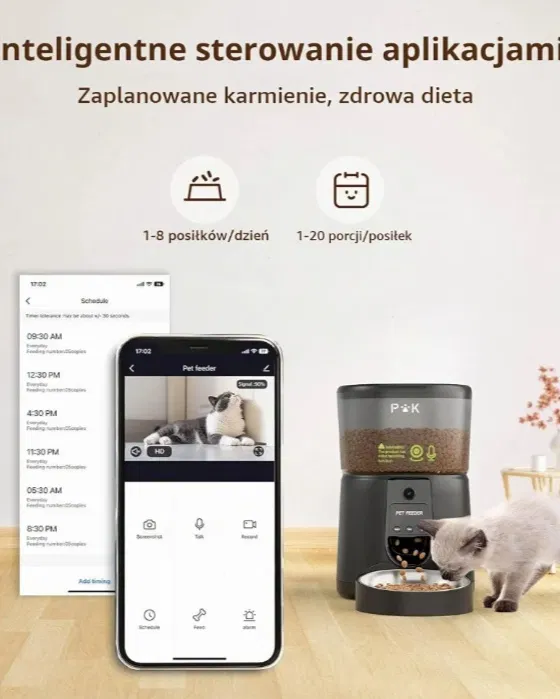 Biały automatyczny dozownik karmy dla kota PUPPY KITTY z wbudowaną kamerą obiektywem i misą ze stali nierdzewnej