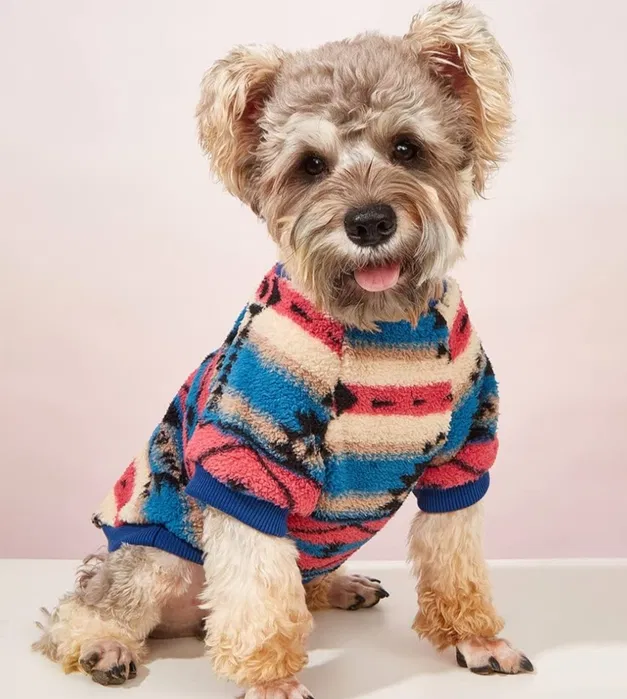 Nowy kolorowy pluszowy sweter dla psa w rozmiarze L w wielobarwne wzory etniczne w stylu boho