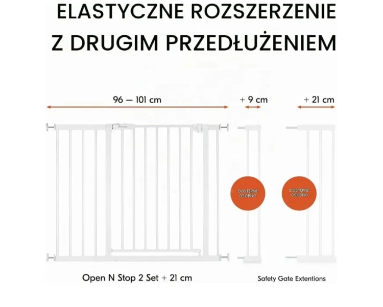 Nowa biała metalowa bramka zabezpieczająca rozporowa Hauck Open N Stop 2 z przedłużeniem zamontowana w futrynie drzwi