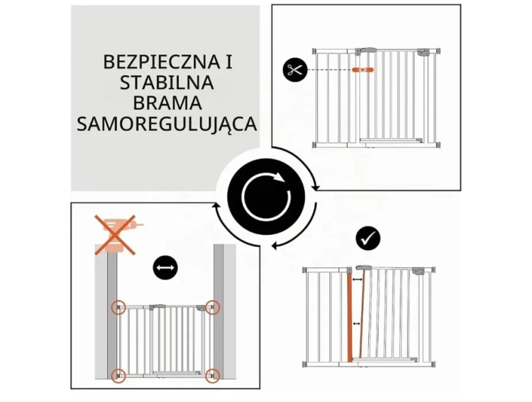 Nowa biała metalowa bramka zabezpieczająca rozporowa Hauck Open N Stop 2 z przedłużeniem zamontowana w futrynie drzwi
