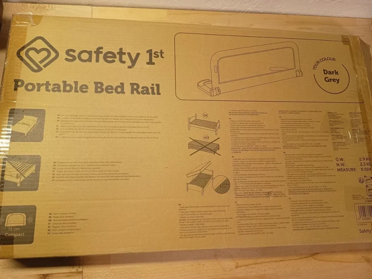 Nowa rozkładana przenośna barierka poręcz ochronna do łóżka Safety 1st z białą siatką zabezpieczającą pod materac