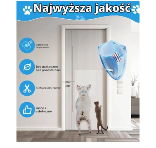 Nowa przezroczysta rolka folii ochronnej przeciw drapaniu mebli przez kota i psa o szerokości 30 cm na tle boku kanapy