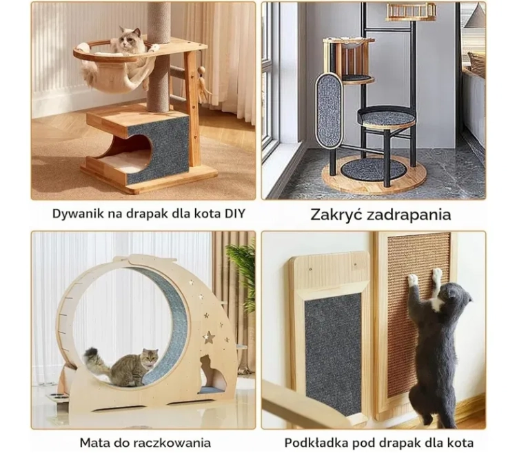 Duża kremowa samoprzylepna mata do drapania dla kota z filcu o wymiarach 180x60 cm naklejona na ścianę i bok mebli