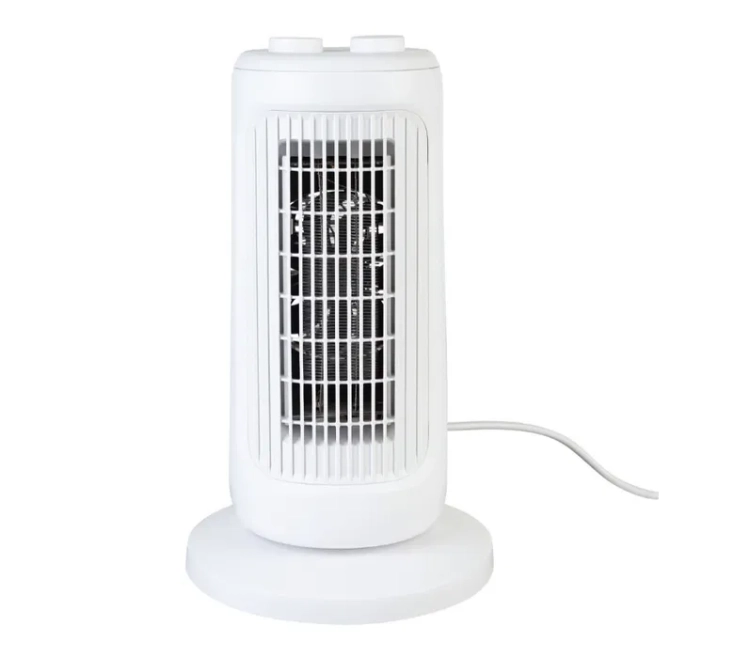 Nowy nowoczesny czarno srebrny termowentylator kolumnowy Silvercrest STHL 1500 A1 z okrągłą podstawą o wysokości 35 cm