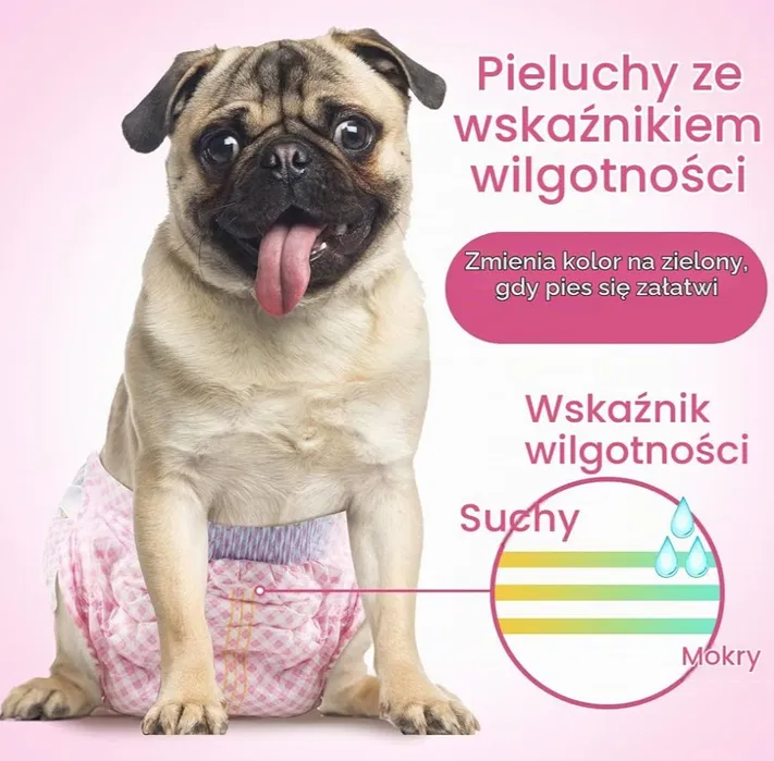 Nowe białe jednorazowe pieluchy dla psa i kota w rozmiarze L z widocznymi żółtymi liniami wskaźnika wilgotności i regulowaną talią
