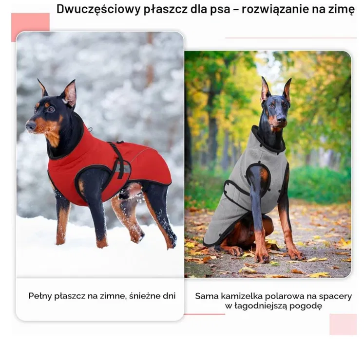 Nowy dwuczęściowy wodoodporny płaszcz dla psa rozmiar XL w kolorze ciemnym z odpinaną ciepłą kamizelką polarową i wysokim kołnierzem