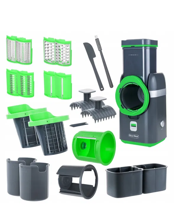 Nowa zielono biała elektryczna szatkownica krajalnica do warzyw Nicer Dicer Electro z widocznymi wymiennymi ostrzami i popychaczem