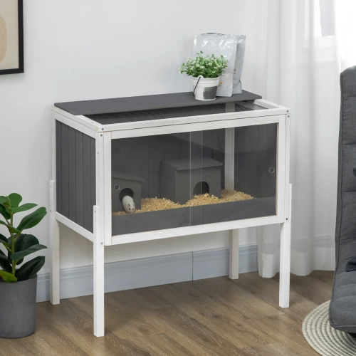 Nowa nowoczesna szaro biała drewniana klatka dla chomika PawHut na nóżkach o wymiarach 82x45x81 cm z przesuwnymi oknami akrylowymi i domkiem w środku