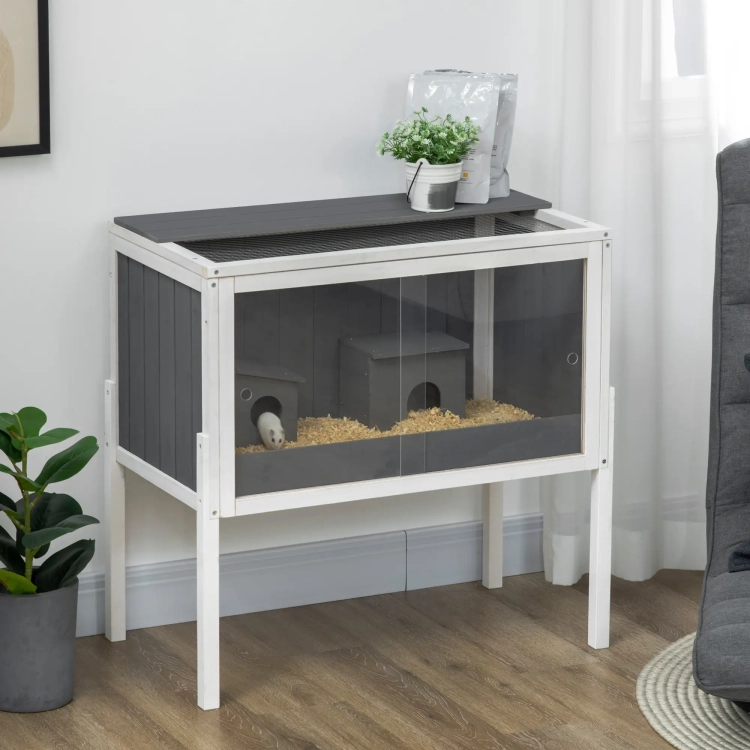 Nowa nowoczesna szaro biała drewniana klatka dla chomika PawHut na nóżkach o wymiarach 82x45x81 cm z przesuwnymi oknami akrylowymi i domkiem w środku
