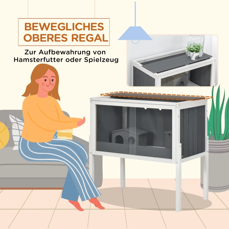 Nowa nowoczesna szaro biała drewniana klatka dla chomika PawHut na nóżkach o wymiarach 82x45x81 cm z przesuwnymi oknami akrylowymi i domkiem w środku