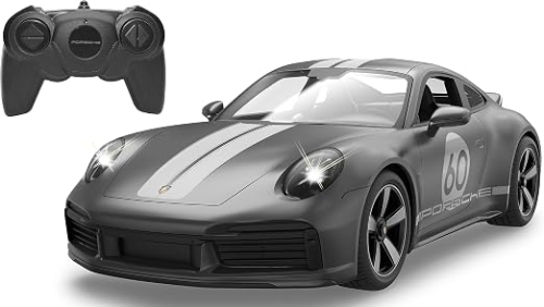 Nowe fabrycznie zapakowane szare zdalnie sterowane auto Porsche Sport Classic marki Rastar w skali 1 do 16 z widocznymi wgnieceniami na pudełku