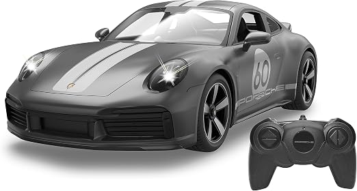 Nowe fabrycznie zapakowane szare zdalnie sterowane auto Porsche Sport Classic marki Rastar w skali 1 do 16 z widocznymi wgnieceniami na pudełku