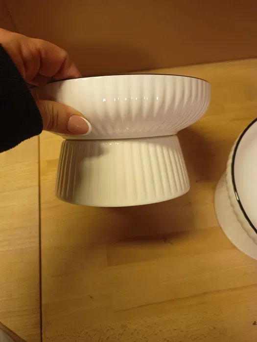Nowe podwyższone miski ceramiczne dla kota w zestawie dwóch sztuk o średnicy 19 cm z szerokim otokiem i antypoślizgową podstawą