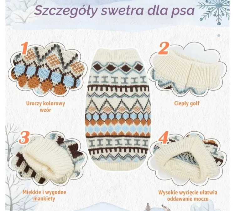 Nowy beżowy dzianinowy sweter dla psa w rozmiarze L we wzory norweskie z otworem na smycz zaprezentowany na siedzącym białym psie