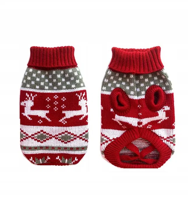 Nowy czerwony świąteczny sweterek dla małego psa lub kota w rozmiarze M L we wzory norweskie z białymi reniferami zaprezentowany z przodu i od strony brzuszka