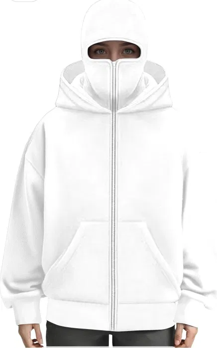 Nowa biała rozpinana bluza z kapturem i kominiarką Generic Balaclava Zip Hoodie podszyta polarem zapięta pod same oczy