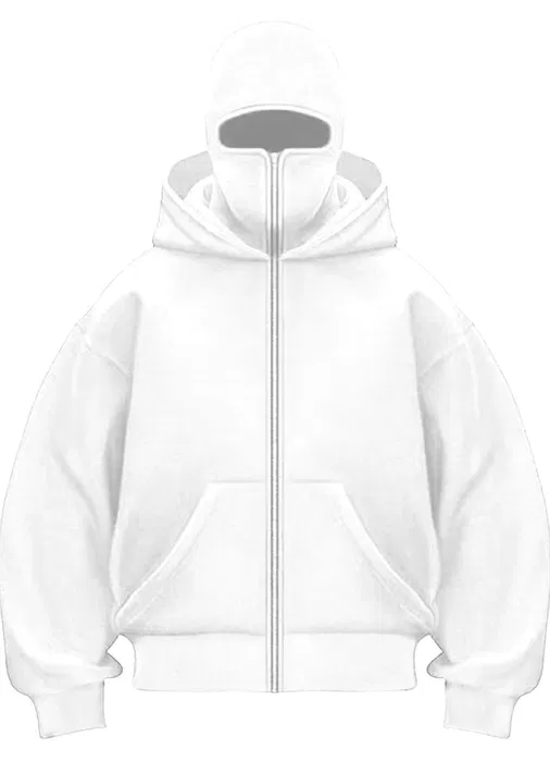 Nowa biała rozpinana bluza z kapturem i kominiarką Generic Balaclava Zip Hoodie podszyta polarem zapięta pod same oczy