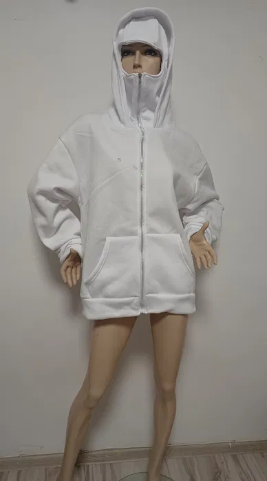 Nowa biała rozpinana bluza z kapturem i kominiarką Generic Balaclava Zip Hoodie podszyta polarem zapięta pod same oczy