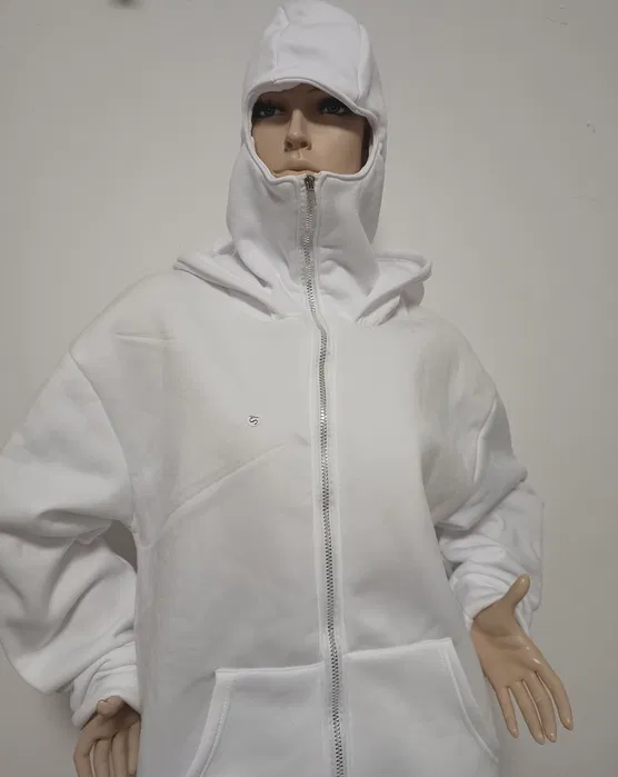 Nowa biała rozpinana bluza z kapturem i kominiarką Generic Balaclava Zip Hoodie podszyta polarem zapięta pod same oczy