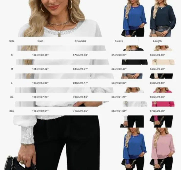 Nowa elegancka czarna bluzka damska w rozmiarze L z długim rękawem oraz błyszczącymi cekinami wokół dekoltu mankietów i na dole topu