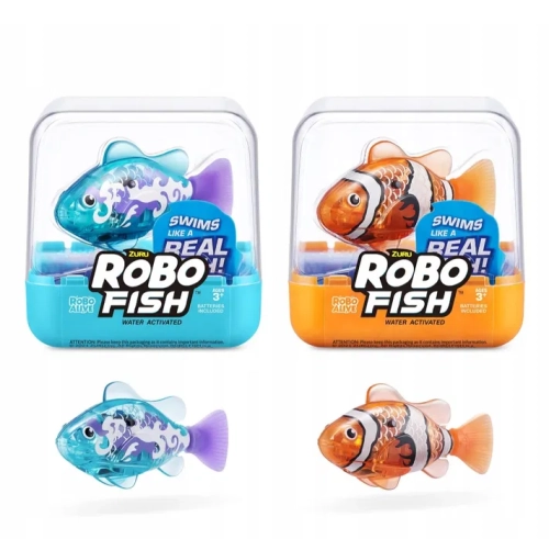 Zestaw dwóch nowych interaktywnych rybek z serii Zuru Robo Alive Robo Fish w kolorze turkusowym i pomarańczowym w przezroczystych opakowaniach oraz po wyjęciu z pudełka