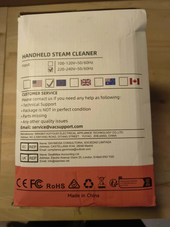 Nowe oryginalne opakowanie kartonowe ręcznej myjki parowej Handheld Steam Cleaner model DF-928A z grafiką pomarańczowo czarnej parownicy