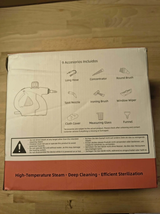Nowe oryginalne opakowanie kartonowe ręcznej myjki parowej Handheld Steam Cleaner model DF-928A z grafiką pomarańczowo czarnej parownicy