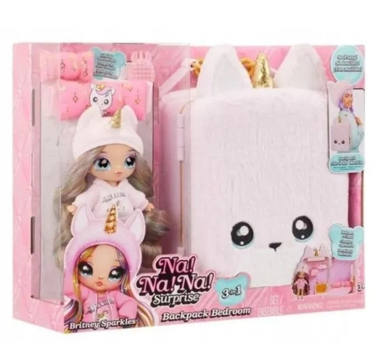 Nowy oryginalny zestaw lalka z plecakiem sypialnią Na Na Na Surprise 3w1 Backpack Bedroom Britney Sparkles w różowym uszkodzonym pudełku