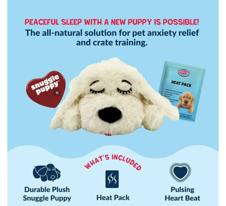 Nowa kremowa maskotka behawioralna Snuggle Puppy z mechanicznym czerwonym serduszkiem zasilanym bateriami i jednorazowym wkładem rozgrzewającym Heat Pack przy oryginalnym pudełku